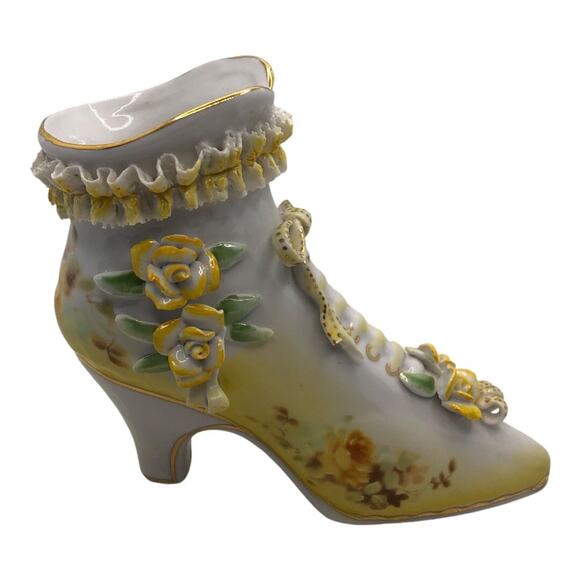 Vintage Inspired Ceramic Yellow Flowers Delicate White Ruffles Boot Limoges - Picture 1 of 11